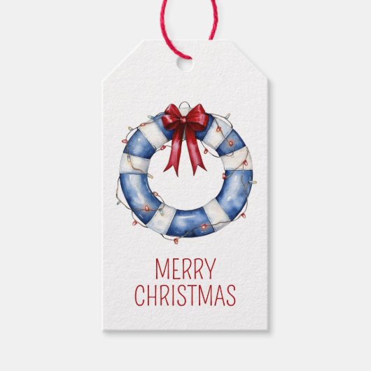 Nautical Christmas Life Preserver With Bow ギフトタグ (正面)