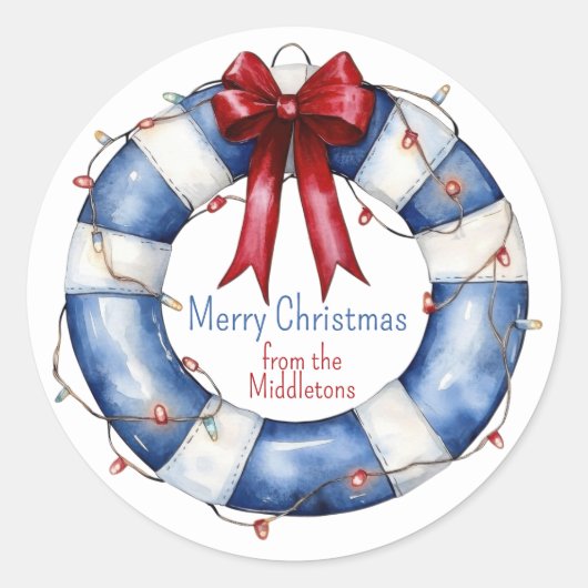 Nautical Christmas Life Preserver With Bow ラウンドシール (正面)