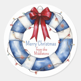 Nautical Christmas Life Preserver With Bow ラウンドシール