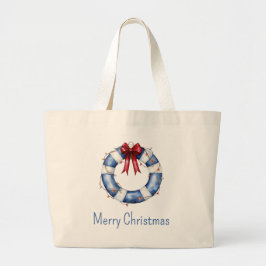 Nautical Christmas Life Preserver With Bow ラージトートバッグ