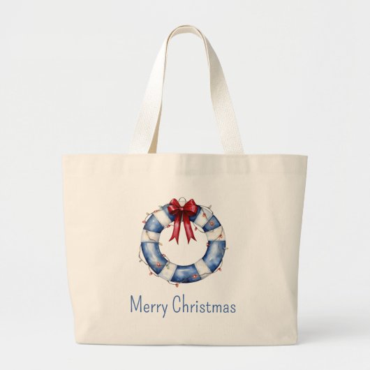 Nautical Christmas Life Preserver With Bow ラージトートバッグ (正面)