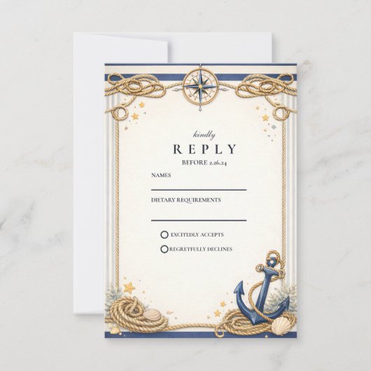 Nautical Compass Anchor Wedding 出欠カード (正面)