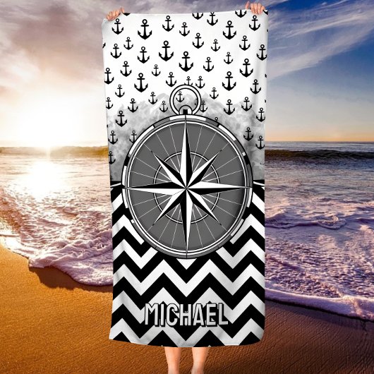 Nautical Compass Rose Anchors Black White Chevron ビーチタオル