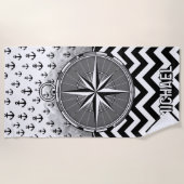 Nautical Compass Rose Anchors Black White Chevron ビーチタオル (正面)