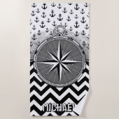 Nautical Compass Rose Anchors Black White Chevron ビーチタオル (正面)