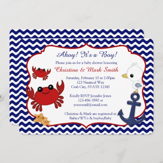  nautical crab baby shower 招待状 (正面/裏面)