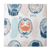 Nautical Crab Blue Orange Coastal Striped Pattern タイル (正面)