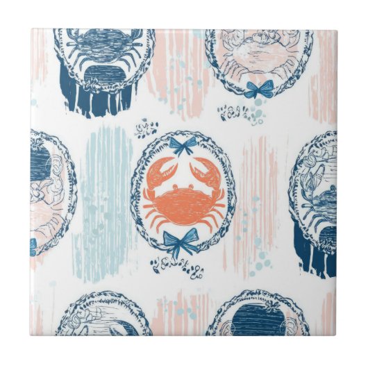 Nautical Crab Blue Orange Coastal Striped Pattern タイル (正面)