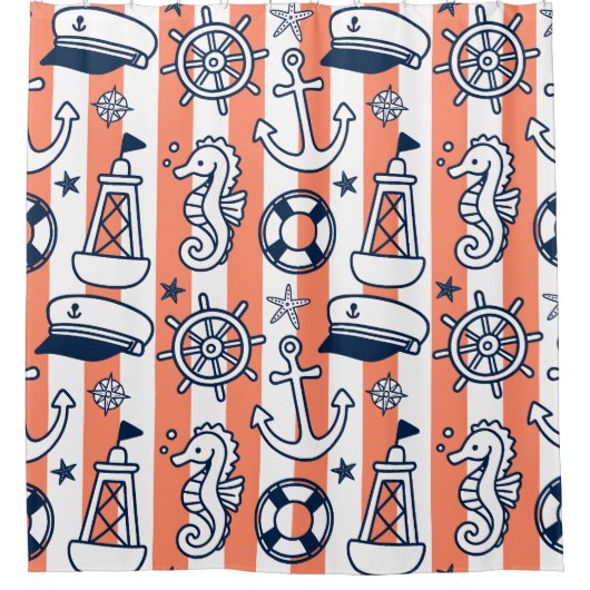 Nautical Doodles – Coral & Navy Coastal Stripe シャワーカーテン (正面)