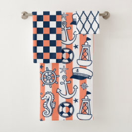 Nautical Doodles – Coral & Navy Coastal Stripe バスタオルセット