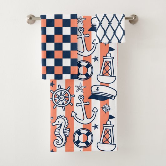 Nautical Doodles – Coral & Navy Coastal Stripe バスタオルセット (インサイチュ)
