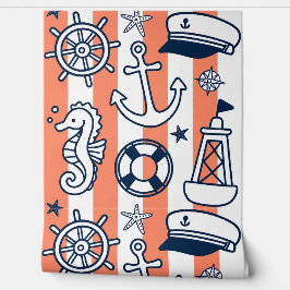 Nautical Doodles – Coral & Navy Coastal Stripe 壁紙