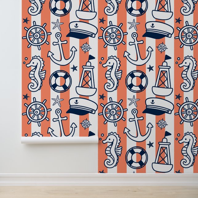 Nautical Doodles – Coral & Navy Coastal Stripe 壁紙 (アプリケーション)