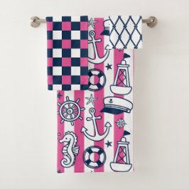 Nautical Doodles – Hot Pink & Navy Coastal Stripe バスタオルセット