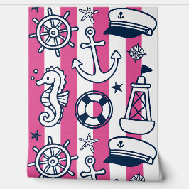 Nautical Doodles – Hot Pink & Navy Coastal Stripe 壁紙