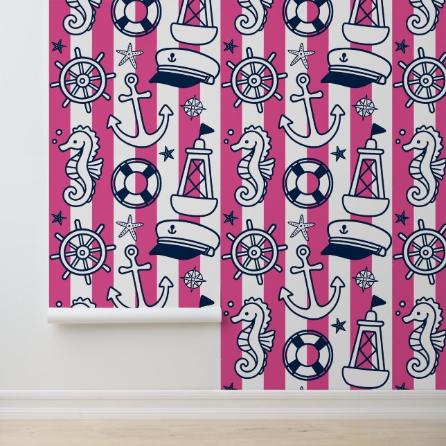 Nautical Doodles – Hot Pink & Navy Coastal Stripe 壁紙 (アプリケーション)