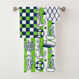 Nautical Doodles – Lime & Navy Coastal Stripe バスタオルセット