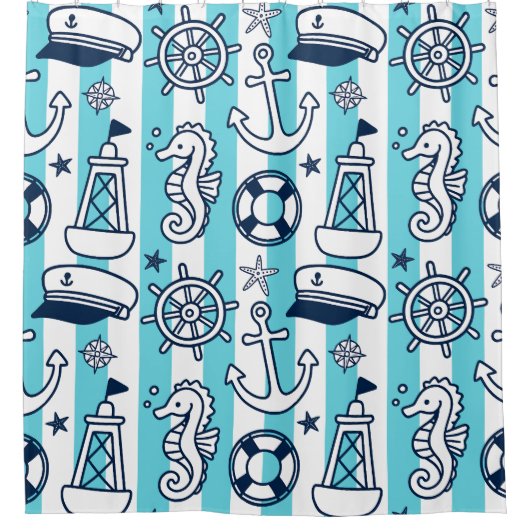 Nautical Doodles – Turquoise & Navy Coastal Stripe シャワーカーテン (正面)