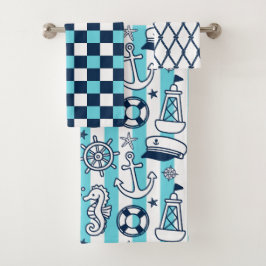 Nautical Doodles – Turquoise & Navy Coastal Stripe バスタオルセット