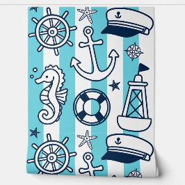 Nautical Doodles – Turquoise & Navy Coastal Stripe 壁紙