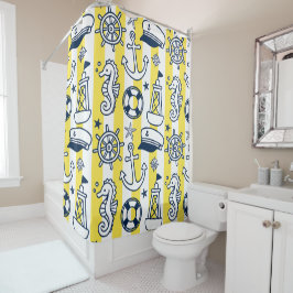Nautical Doodles – Yellow & Navy Coastal Stripe シャワーカーテン