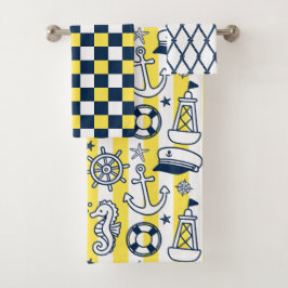 Nautical Doodles – Yellow & Navy Coastal Stripe バスタオルセット