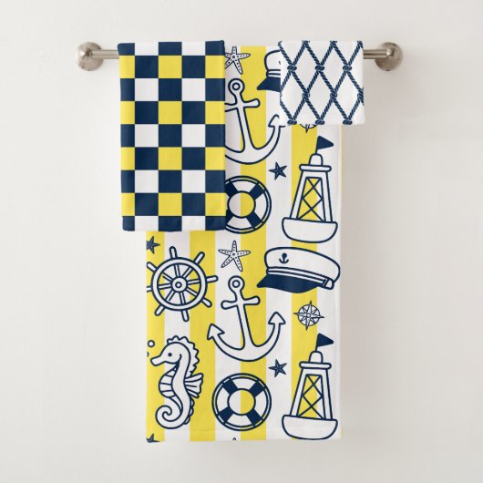 Nautical Doodles – Yellow & Navy Coastal Stripe バスタオルセット (インサイチュ)