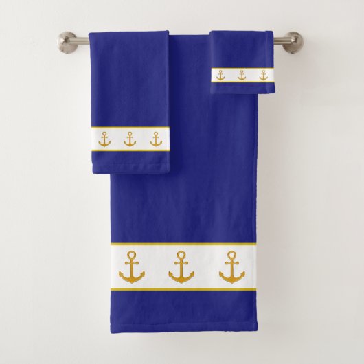 Nautical, Elegant, Golden Anchors on White & Blue バスタオルセット (インサイチュ)