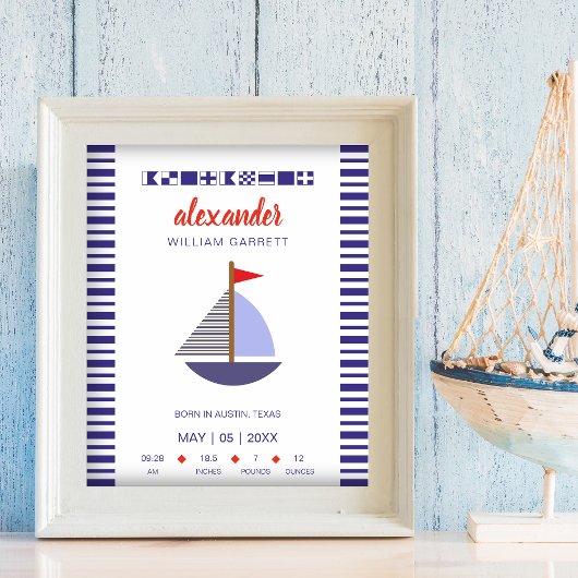 Nautical Flags Alphabet and Boat for Baby Room ポスター