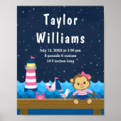 Nautical Girl Monkey Pink Navy Birth Statistics ポスター (正面)