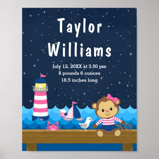 Nautical Girl Monkey Pink Navy Birth Statistics ポスター (正面)