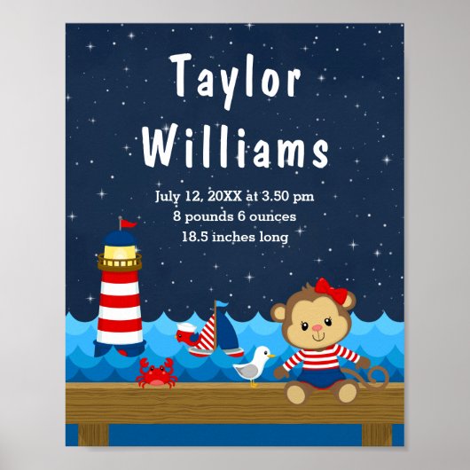 Nautical Girl Monkey Red Navy Birth Statistics ポスター (正面)