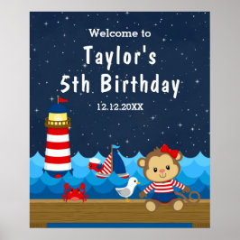 Nautical Girl Monkey Red Navy Birthday Welcome ポスター