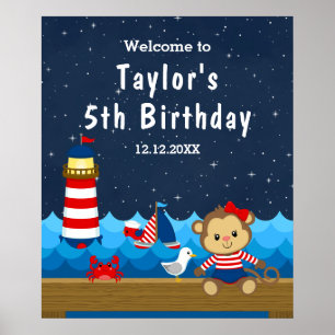 Nautical Girl Monkey Red Navy Birthday Welcome ポスター