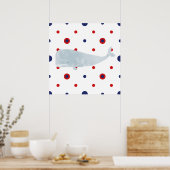Nautical Grey Watercolor Whale Red Blue Banner ポスター (キッチン)