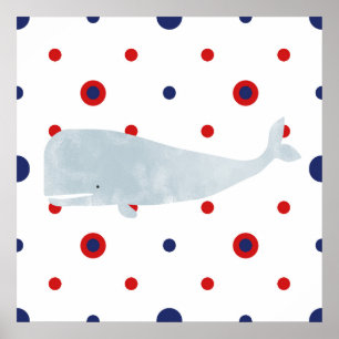 Nautical Grey Watercolor Whale Red Blue Banner ポスター