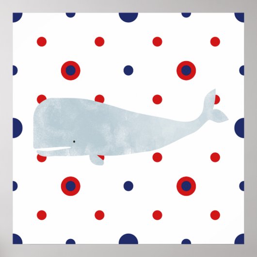Nautical Grey Watercolor Whale Red Blue Banner ポスター (正面)
