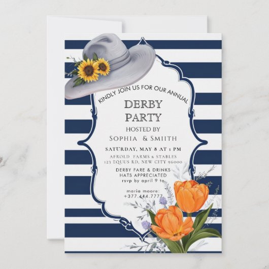 Nautical Kentucky Derby Party Invitation Navy Stri 招待状 (正面)