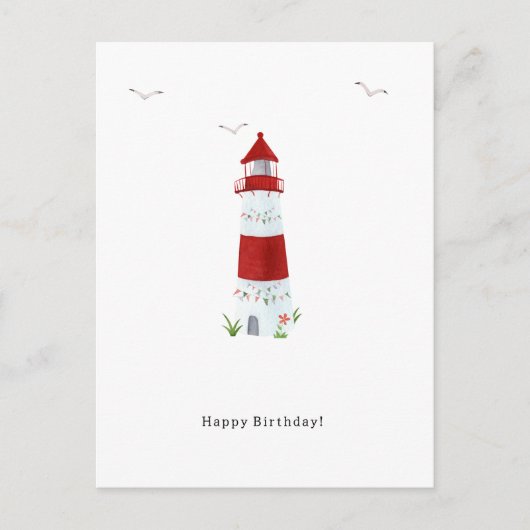 Nautical Lighthouse Beach Happy Birthday Seagulls ポストカード (正面)