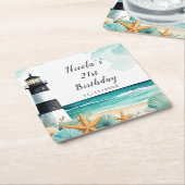 Nautical Lighthouse Birthday スクエアペーパーコースター (アングル)