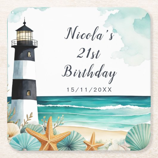 Nautical Lighthouse Birthday スクエアペーパーコースター (正面)