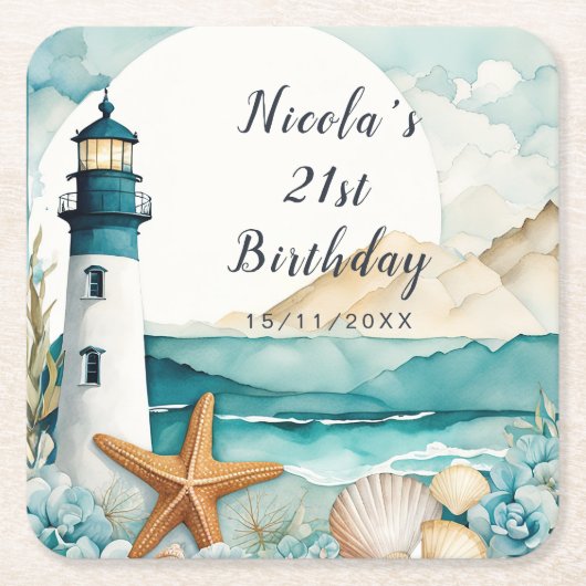 Nautical Lighthouse Birthday スクエアペーパーコースター (正面)