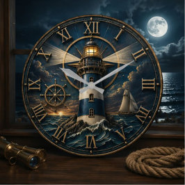 Nautical Lighthouse Coastal Beach House Decor ラージ壁時計