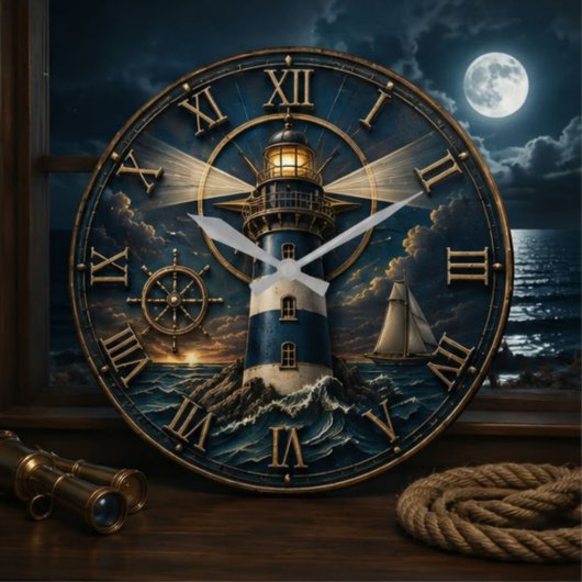 Nautical Lighthouse Coastal Beach House Decor ラージ壁時計