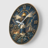 Nautical Lighthouse Coastal Beach House Decor ラージ壁時計 (傾斜)