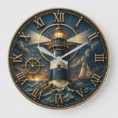 Nautical Lighthouse Coastal Beach House Decor ラージ壁時計 (正面)