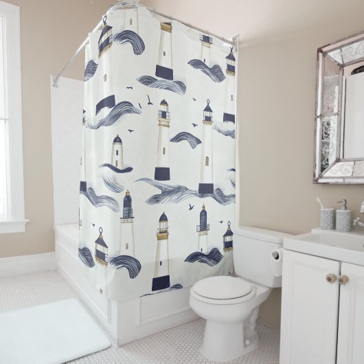 Nautical Lighthouse Coastal Blue Pattern (1) シャワーカーテン (インサイチュ)