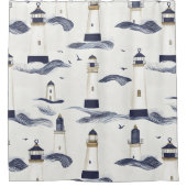 Nautical Lighthouse Coastal Blue Pattern (1) シャワーカーテン (正面)