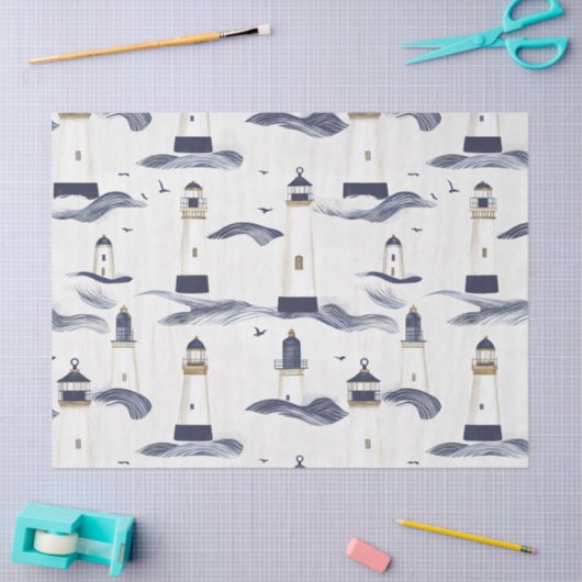 Nautical Lighthouse Coastal Blue Pattern (1) 薄葉紙 (クラフト)