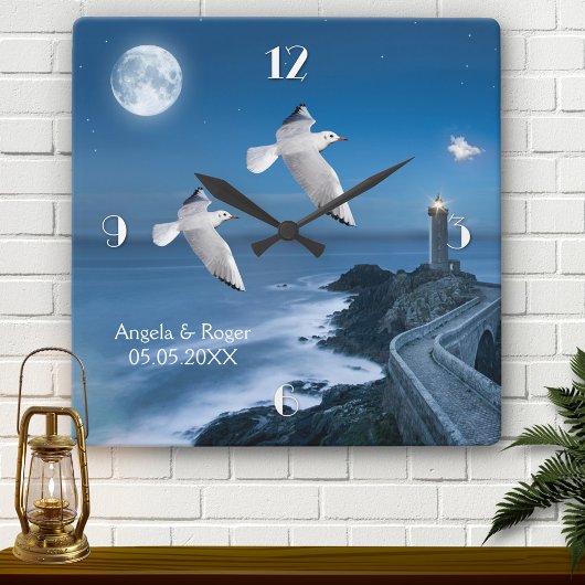 Nautical Lighthouse Seagulls Wedding Clock スクエア壁時計